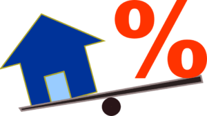 Digital art depicting a house and the percentage symbol balancing on a plank