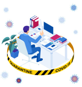 Digital art of a man sitting at a desk with "quarantine covid19" caution tape circling him
