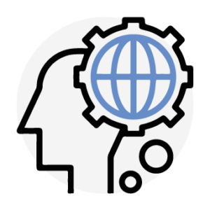 Logo containing human head with a gear in front of it surrounding a globe